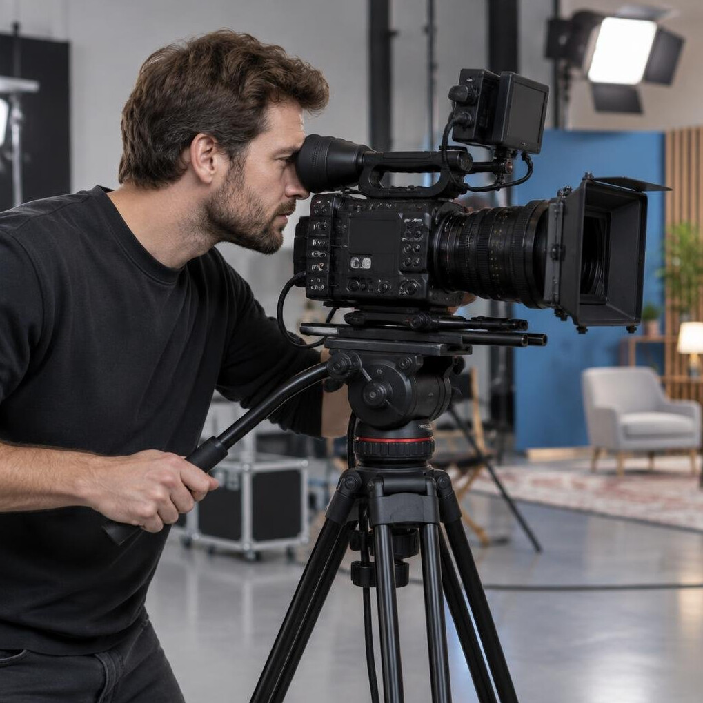 Camera operator filming behind a camera on a tripod
