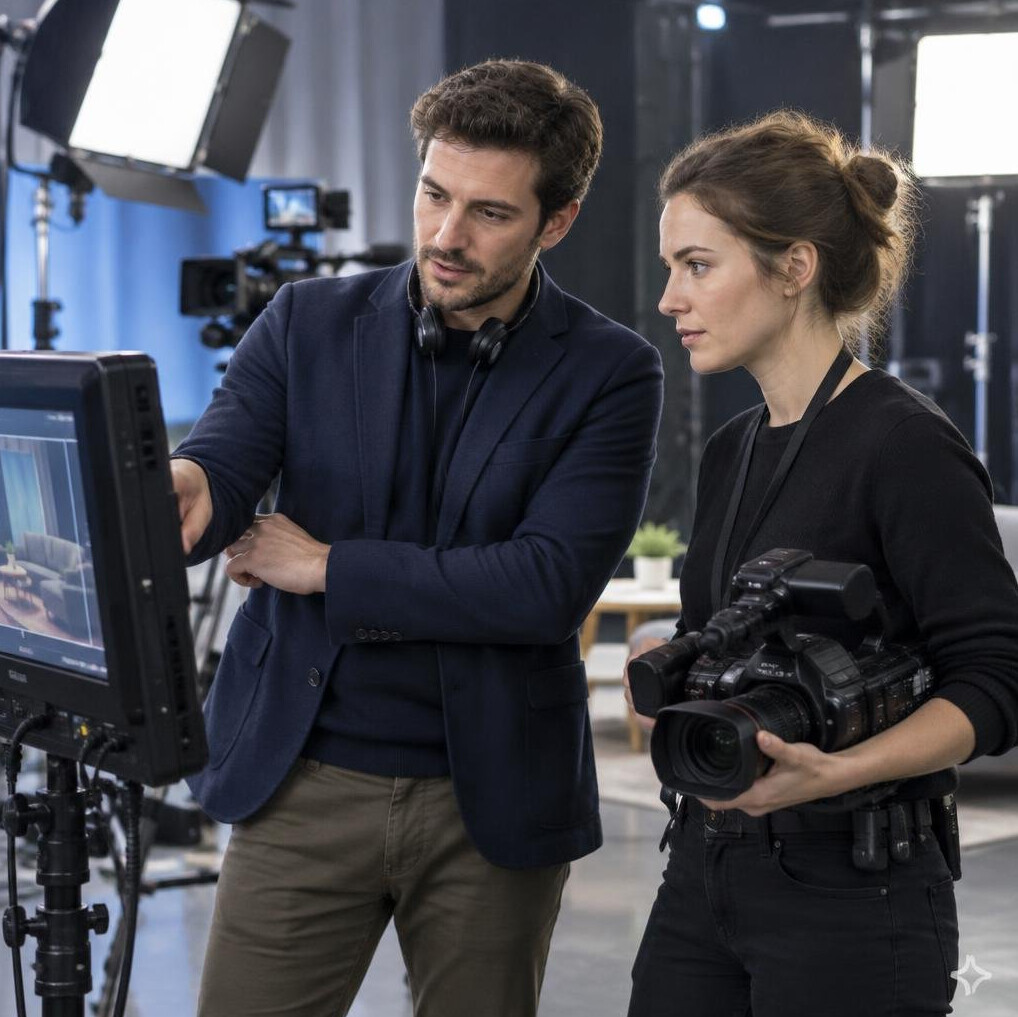 Director and camera operator reviewing footage on a monitor in a TV studio
