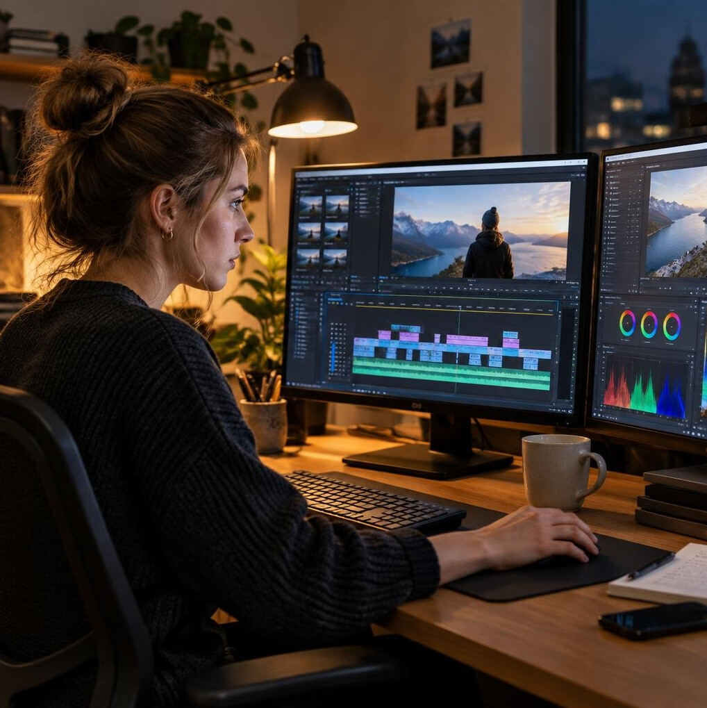 Video editor working at a multi monitor workstation in the evening